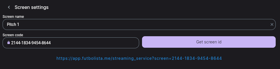 The “Screen settings” card: a filled “Screen name” field, a padlocked “Screen code” field, the “Get screen id” button and the link below