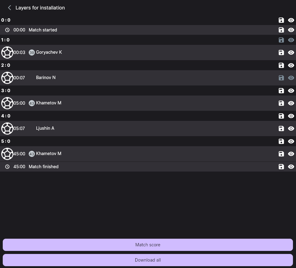 The “Layers for installation” page: score rows and goal rows with player names, each with a floppy disk and an eye icon on the right, and the “Match score” and “Download all” buttons at the bottom