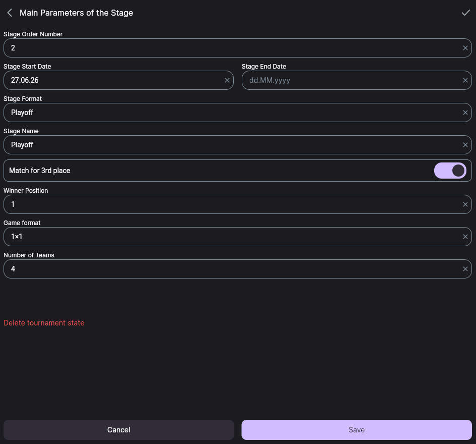 The Main Parameters of the Stage screen: stage format Playoff, game format 1×1, four teams, match for 3rd place enabled