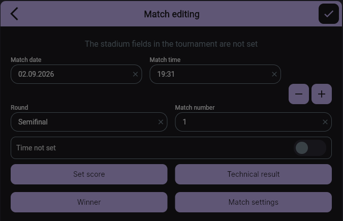 The Match editing dialog with Set score, Technical result, Winner and Match settings buttons