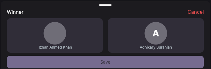 The Winner sheet: two participant cards and a Save button