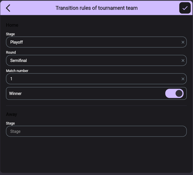 The Transition rules dialog: stage, Semifinal round, match number 1 and the Winner switch turned on