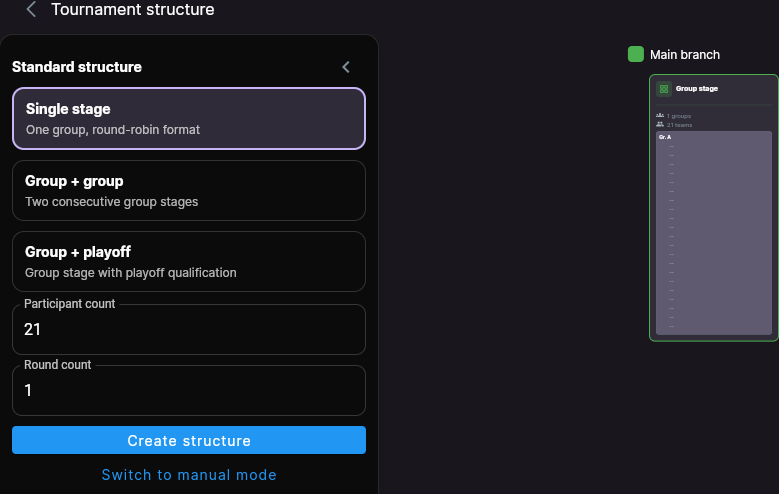 The Tournament Builder screen with the switch between wizard and manual mode