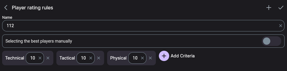 The rating rules screen: name, the manual best-players switch and three criteria with maximum scores