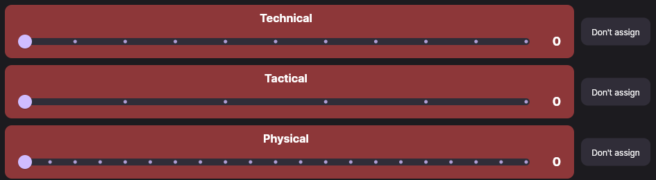 Three criteria sliders at zero: ten steps for Technical, five for Tactical, twenty for Physical