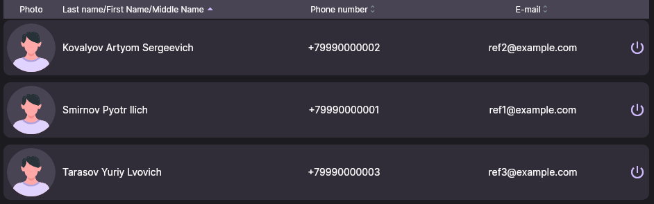 The organizer's referee list: three rows with name, phone, e-mail and a round on/off button on the right, all enabled