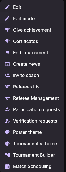 The tournament menu with «Participation requests» and «Verification requests»
