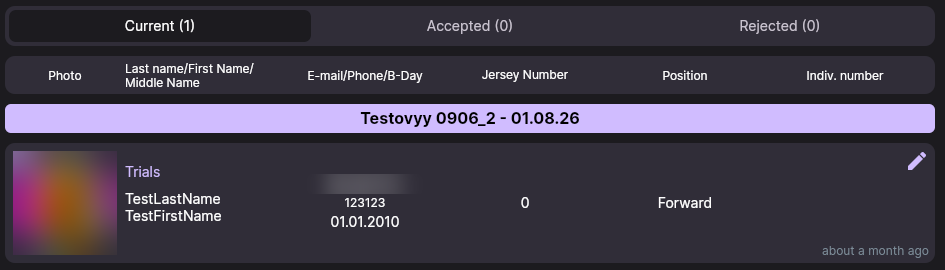 The list of player profile verification requests with Current, Accepted and Rejected tabs