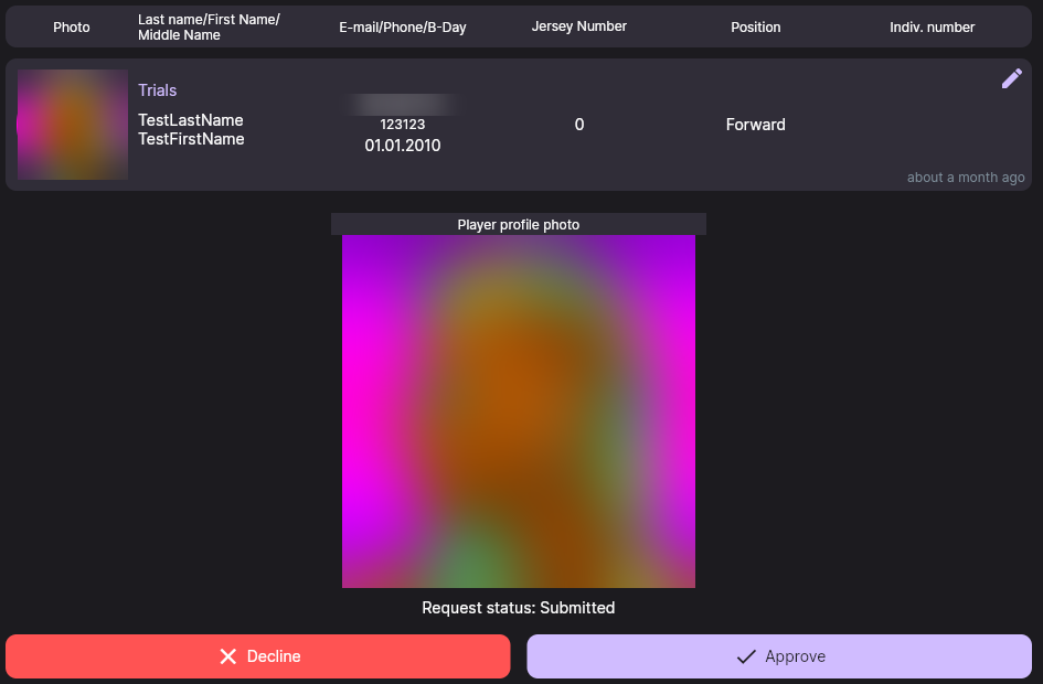 The review screen: the submitted photo, the request status and the Approve and Decline buttons