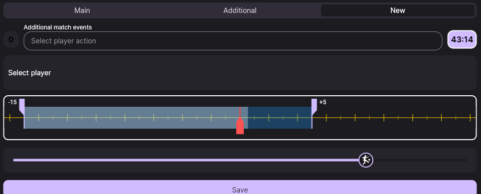 The quick tagging screen on the «New» tab: action, player, video segment and the Save button
