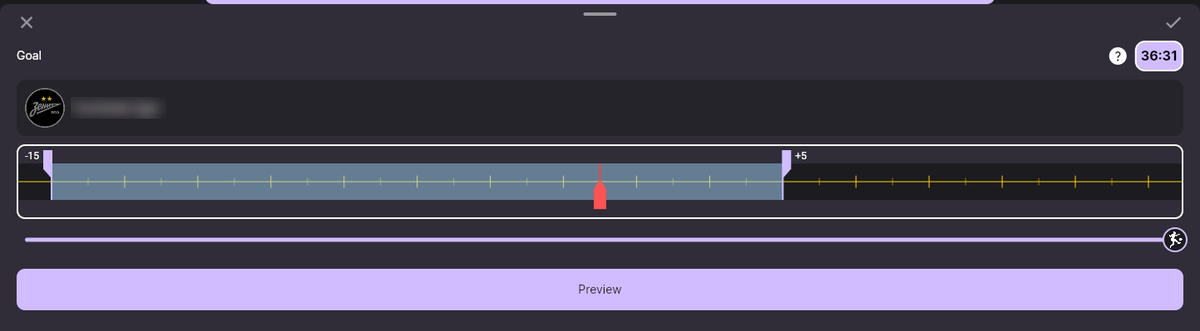 Clip settings: event type, time, player and the segment bar with the −15 and +5 markers